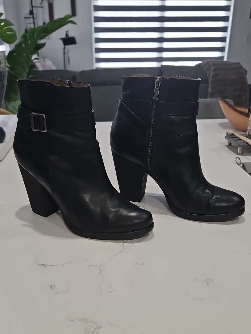 Women’s Frye Patty Black Leather Ankle Boots with Side Zip and Buckle